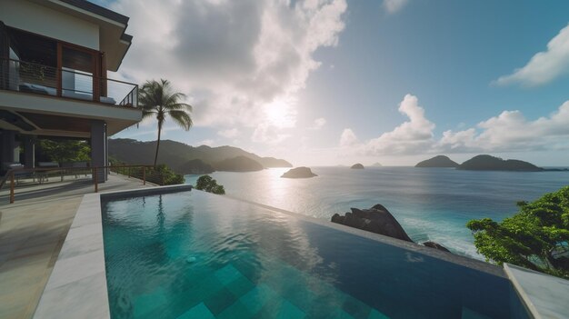 Patio de Seychelles con piscina infinita IA generativa