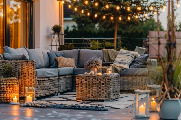 un patio con un sofá y una mesa