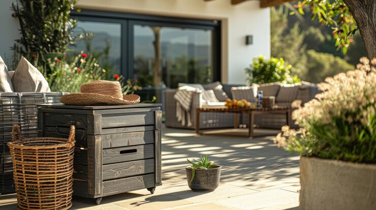 Un patio soleado con muebles de mimbre de decoración rústica y plantas exuberantes que crean una atmósfera acogedora
