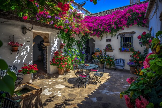 Patio típico andaluz con mesas, sillas y flores