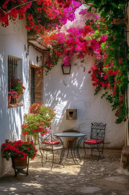 Patio típico da Andaluzia com mesas, cadeiras e flores