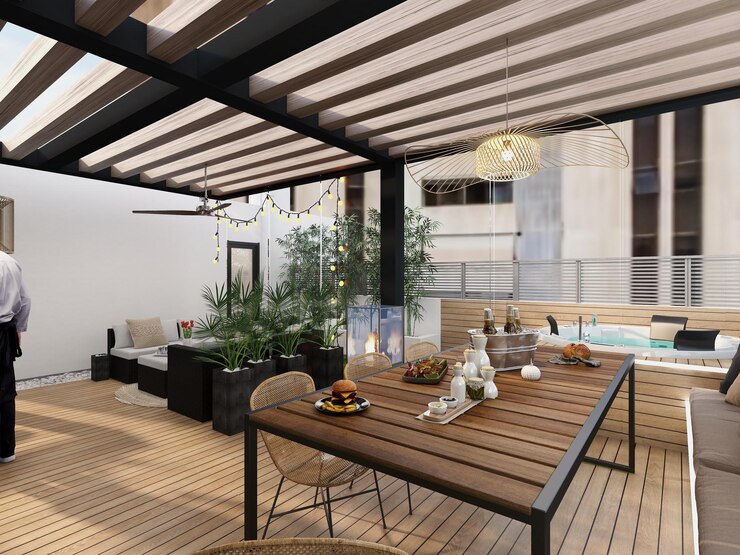 Foto un patio con un toldo de rayas blancas y negras.