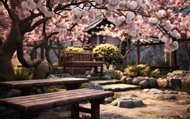 Un patio tranquilo con flores de cerezo.