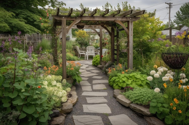 Patio trasero con camino de piedra pérgola y flores de colores