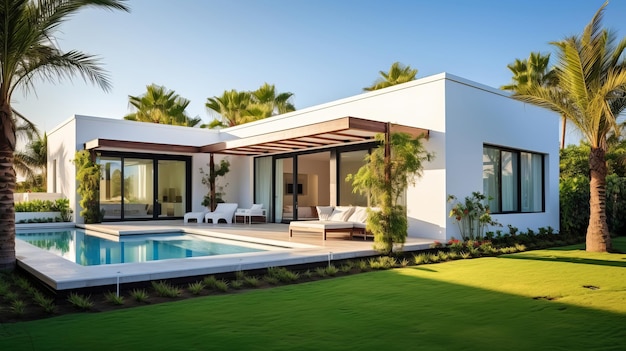 El patio trasero de una casa elegante en el césped corto paredes blancas ventanas de espejo piscina