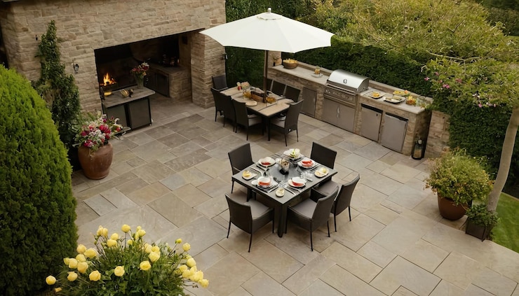Foto un patio trasero con un jardín y una mesa con una parrilla y flores