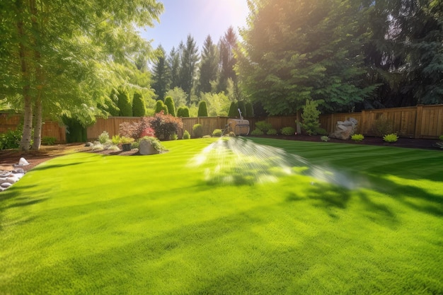 Patio trasero con sistema de rociadores y césped verde y exuberante