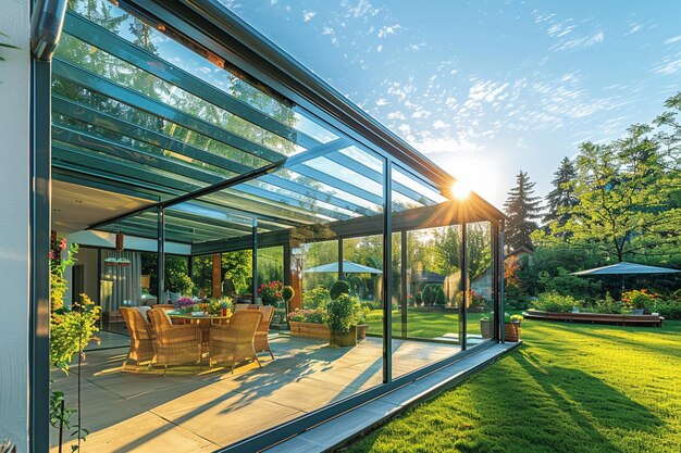 patio de vidrio arafado con mesa de comedor y sillas al sol generativo ai
