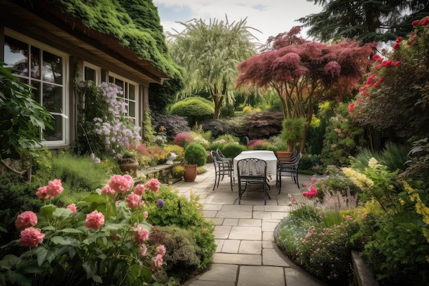 Patio con vista a un tranquilo jardín rodeado de flores y vegetación