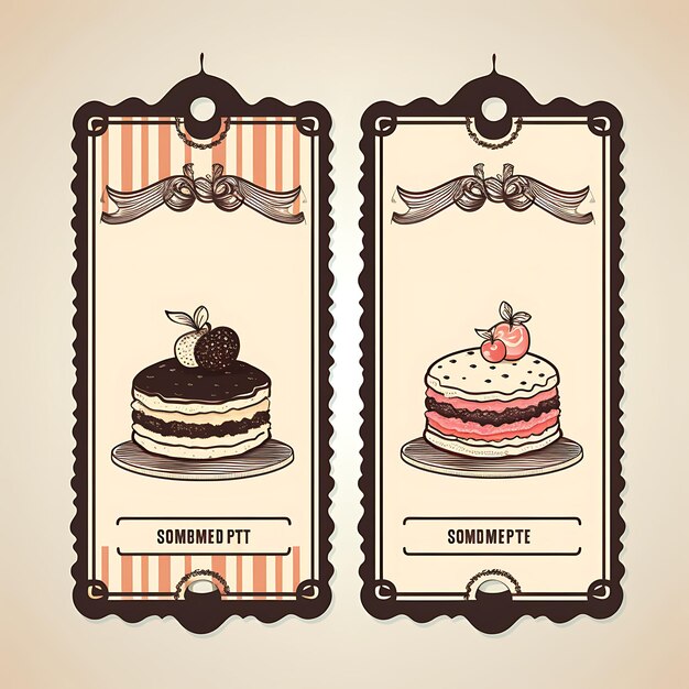 Patisserie-Tag-Karte, Pergamentpapier, detaillierte Skizze, Ornament, 2D-Kartendesign, kreative Illustration