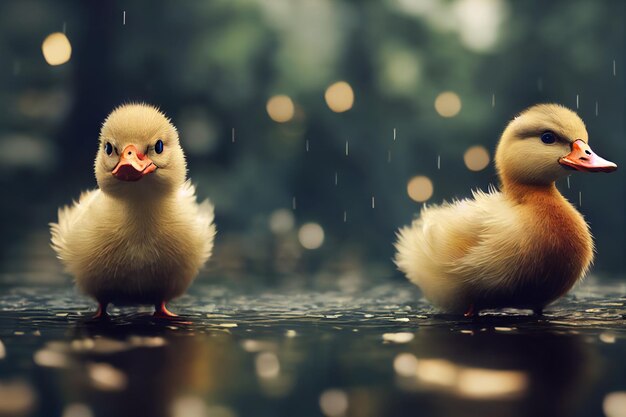 Patito lindo jugando en un estanque al aire libre bajo una lluvia torrencial