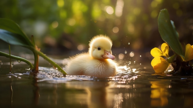 Un patito nadando en un estanque con flores amarillas