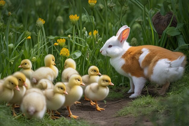 Los patitos de conejo, el zorro y las mariposas juegan en el campo verde. Animales adorables y esponjosos.