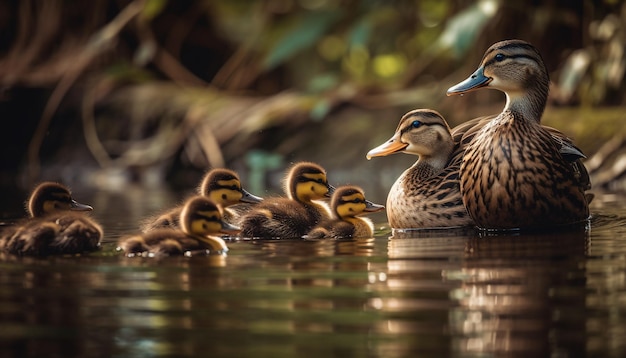 Patitos jóvenes nadan en un estanque con su madre generado por IA