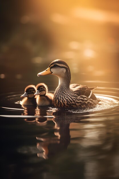 Patitos nadando en un estanque con luz dorada.