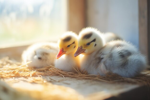 Patitos somnolientos en la luz del sol de la mañana