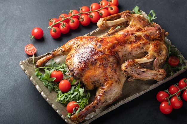 Pato al horno relleno de manzanas en un plato gris con cereza de tomate sobre un fondo oscuro