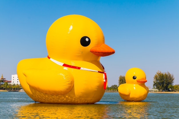 Pato amarelo grande na água no céu azul