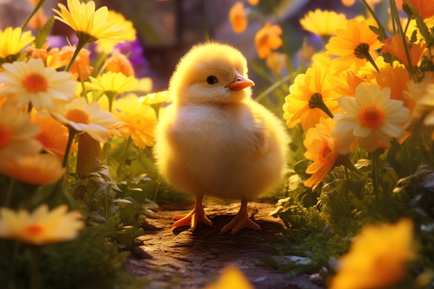 un pato amarillo está de pie en un campo de flores