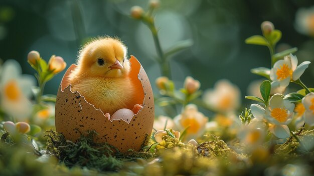 Foto un pato amarillo en un huevo con flores en el fondo