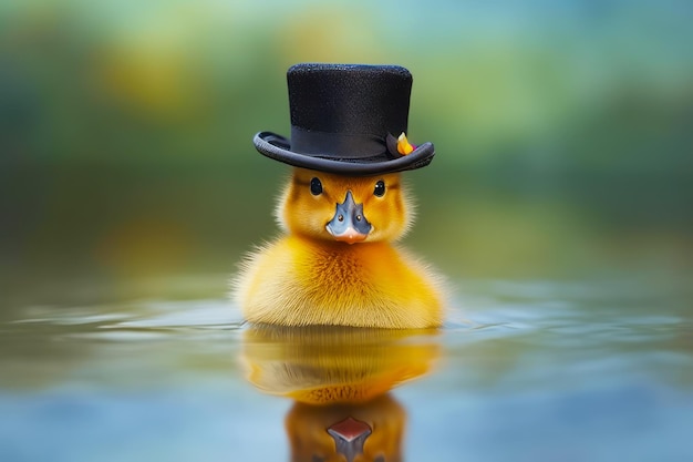 Pato amarillo con sombrero de copa en el agua con reflejo en el agua IA generativa