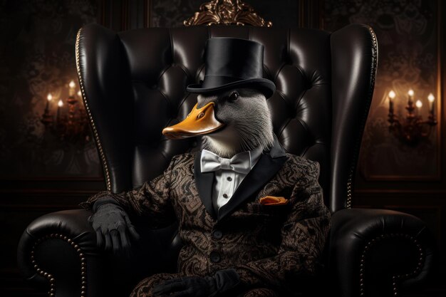 Foto un pato aristócrata con una gorra cilíndrica sentado en un trono en un elegante generative ai