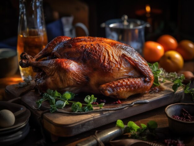 Pato asado de Acción de Gracias en una cocina rústica Fotografía de comida