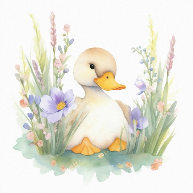 Pato bebê fofo em cores pastéis de grama flores ilustração em aquarela