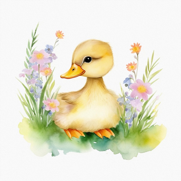 Pato bebê fofo em cores pastéis de grama flores ilustração em aquarela