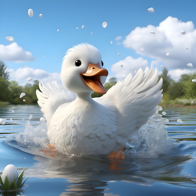 Pato blanco nadando en el agua con gotas de lluvia renderizado 3d