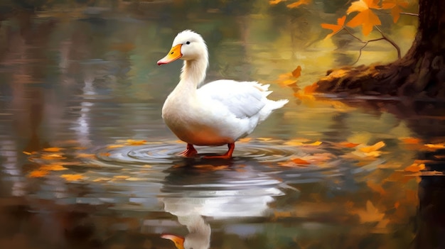 Un pato blanco paseando por un estanque generado por IA