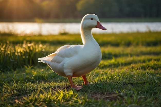 un pato blanco de pie en un campo