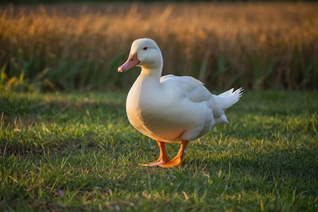 un pato blanco de pie en un campo