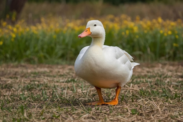 un pato blanco de pie en un campo