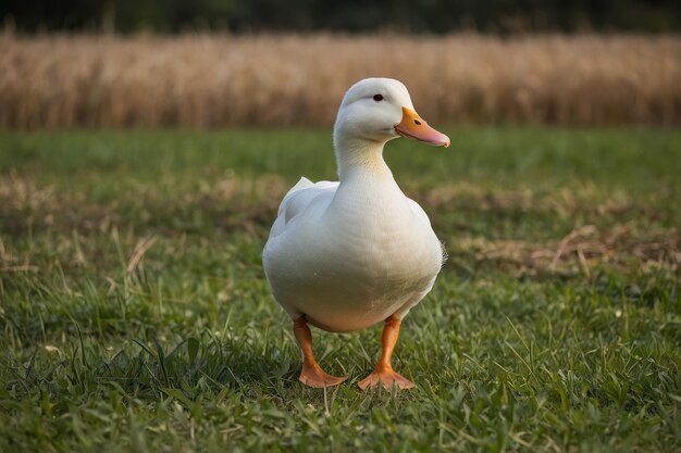 un pato blanco de pie en un campo