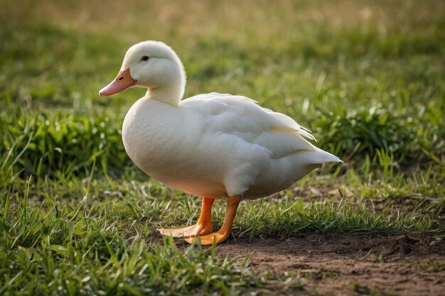 un pato blanco de pie en un campo