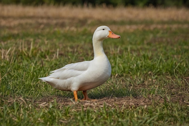 un pato blanco de pie en un campo