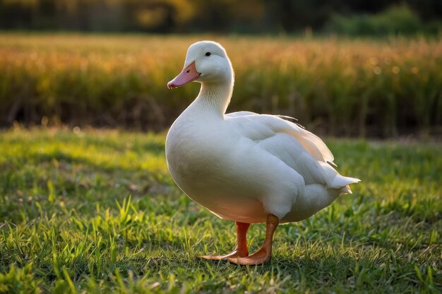 un pato blanco de pie en un campo