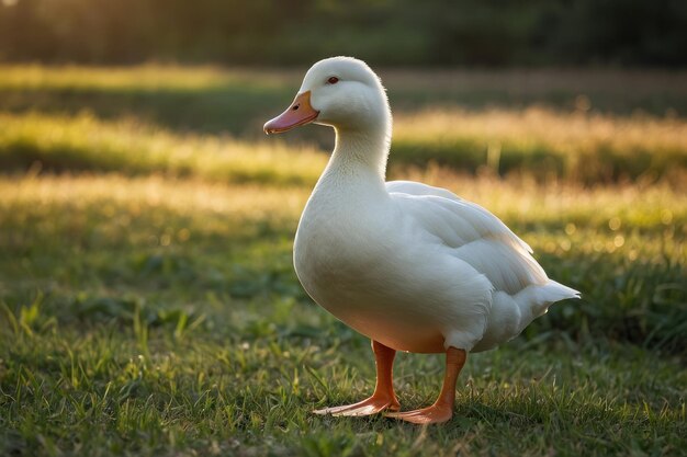 un pato blanco de pie en un campo