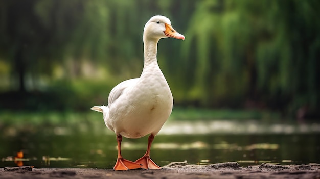 Pato branco fica ao lado de uma lagoa ou lago com bokeh de fundo Generative AI