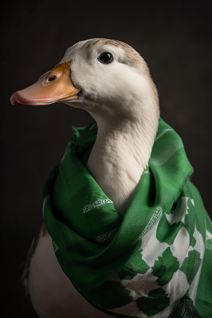 Un pato con una bufanda verde que dice "pato"