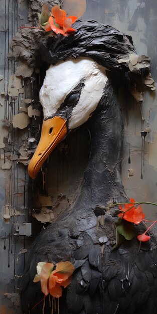 Foto un pato con una cabeza de pato y una flor en el fondo