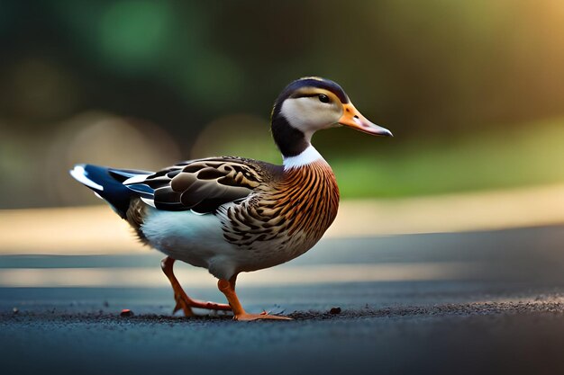 Un pato camina por la acera a la luz del sol.