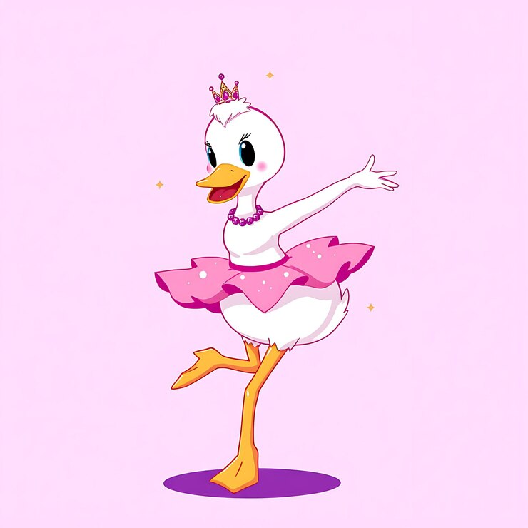 Foto pato dançarino se apresentando com uma postura de giro vestindo um tutu e tiara 2d design rosa e branco vivo f