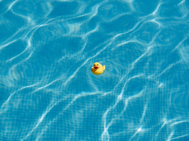 Pato de borracha amarelo flutuando em uma piscina