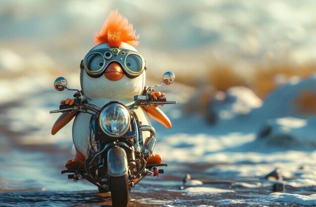 Foto pato de brinquedo com um penteado punk montando uma motocicleta em miniatura com uma vibração aventureira caprichosa