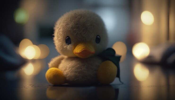 Foto pato de brinquedo de pelúcia fofo senta-se em desfoque de fundo de iluminação suave e quente