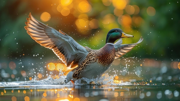 El pato despegue con las alas extendidas