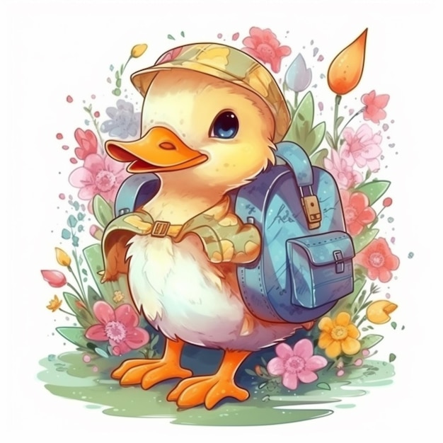 Pato de dibujos animados con mochila y flores ai generativo