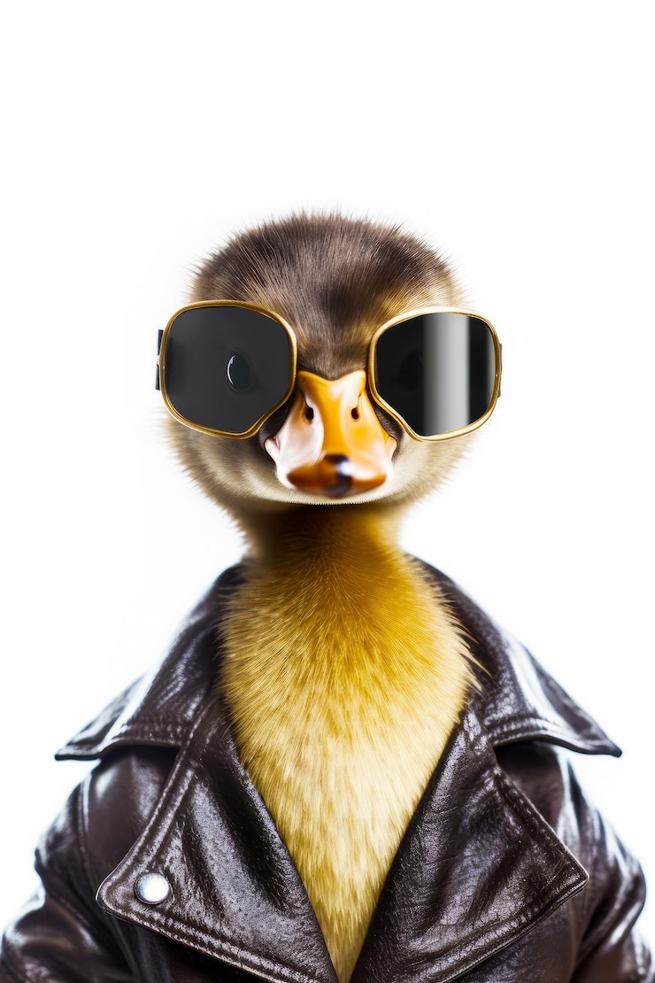 Foto pato em jaqueta de couro com óculos de sol na cabeça e jaqueta de couro nas costas generative ai